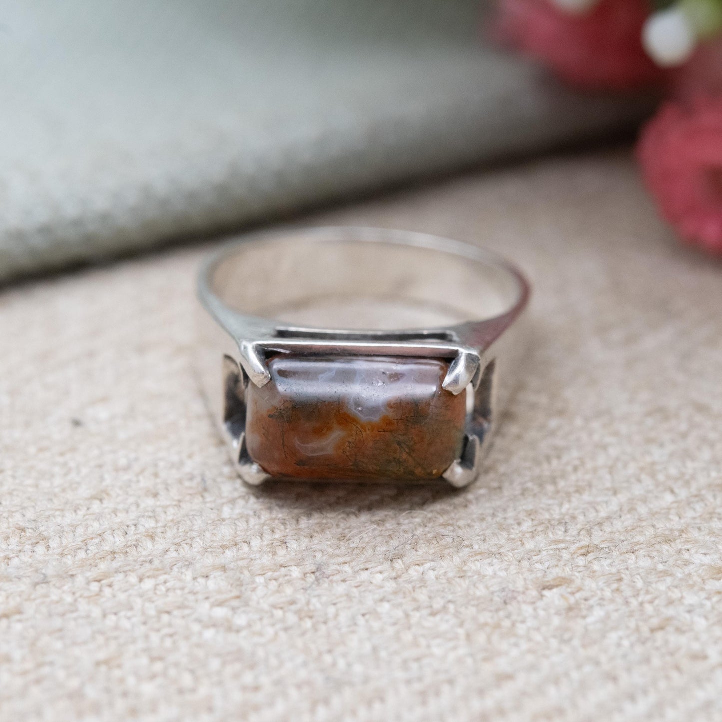 Vintage Sterling Silver Red Moss Agate Ring - Statement Mid-Century Gemstone | UK Size - N | US Size - 6 1/4