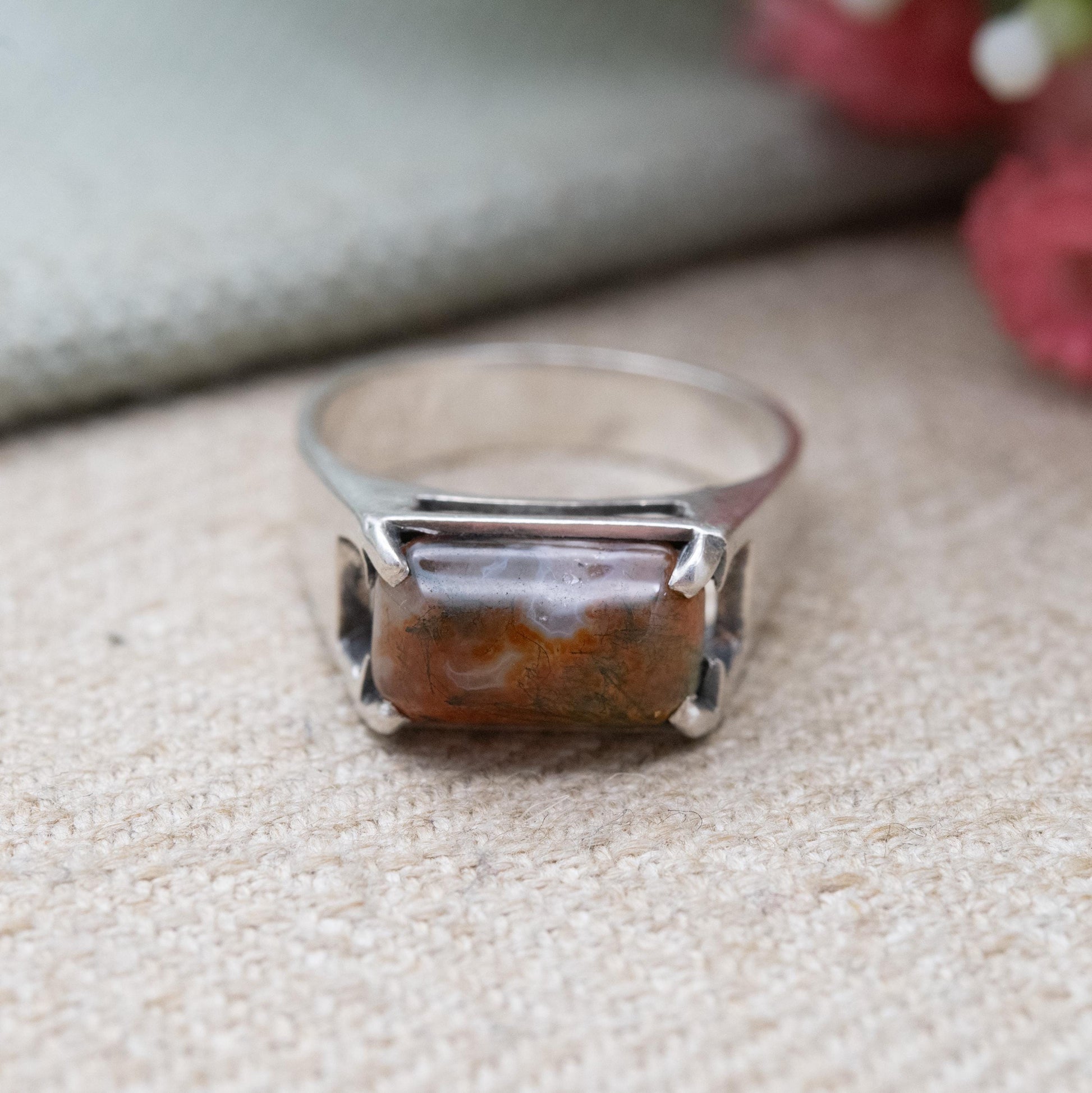 Vintage Sterling Silver Red Moss Agate Ring - Statement Mid-Century Gemstone | UK Size - N | US Size - 6 1/4