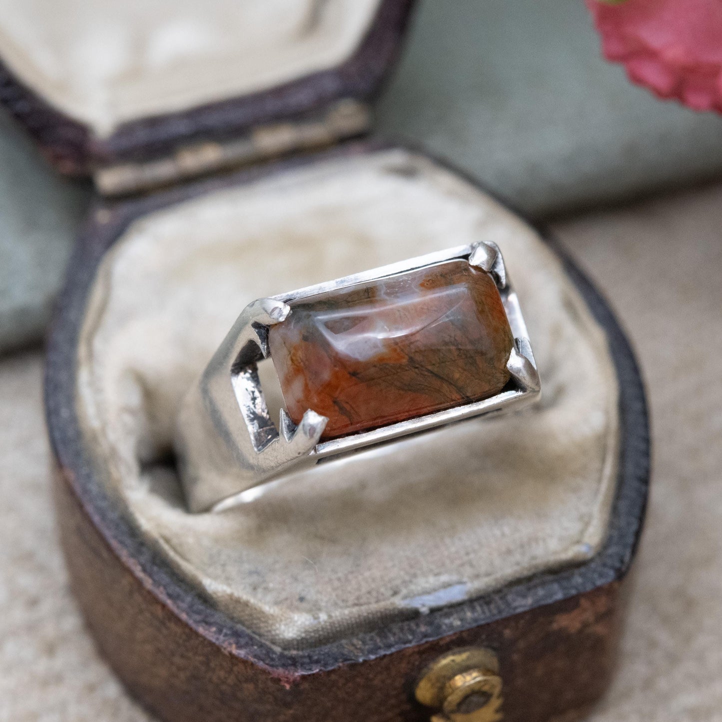 Vintage Sterling Silver Red Moss Agate Ring - Statement Mid-Century Gemstone | UK Size - N | US Size - 6 1/4