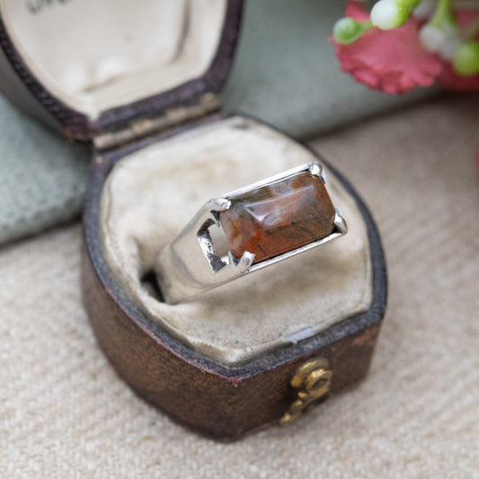 Vintage Sterling Silver Red Moss Agate Ring - Statement Mid-Century Gemstone | UK Size - N | US Size - 6 1/4