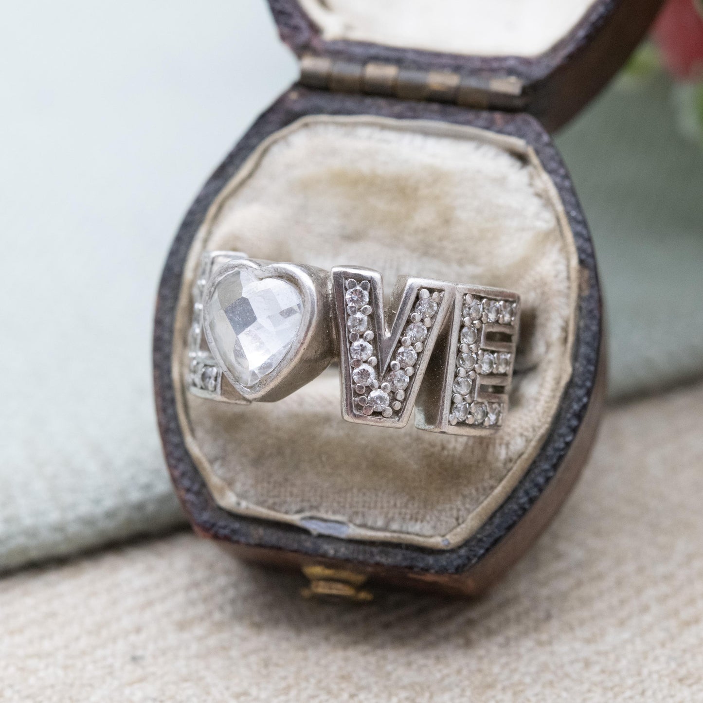 Vintage Sterling Silver Love Word Ring with Clear Stones - Everyday Silver Love Heart Jewellery Gift | UK Size - L | US Size - 5 3/4