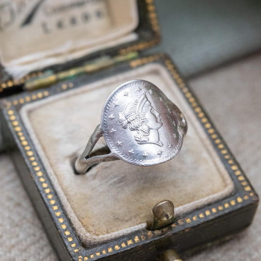 Vintage Sterling Silver Liberty Coin Ring - Taller Coin Lady Liberty Head | UK Size - L | US Size - 5 3/4