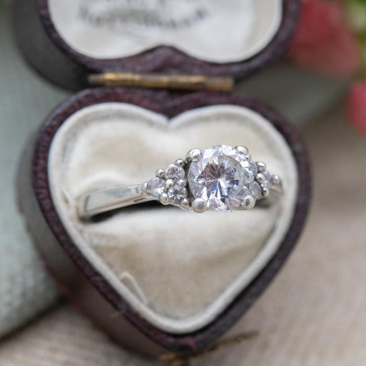 Sterling Silver CZ Solitaire Ring - Circular White Stone and Side Stones | UK Size - Q | US Size - 8