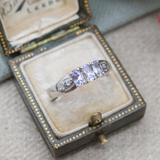 TGGC Sterling Silver 3 Stone Ring with Blue Side Stones - Amethyst Gemstone | Romantic Gift for Her | UK Size - N | US Size - 6 3/4