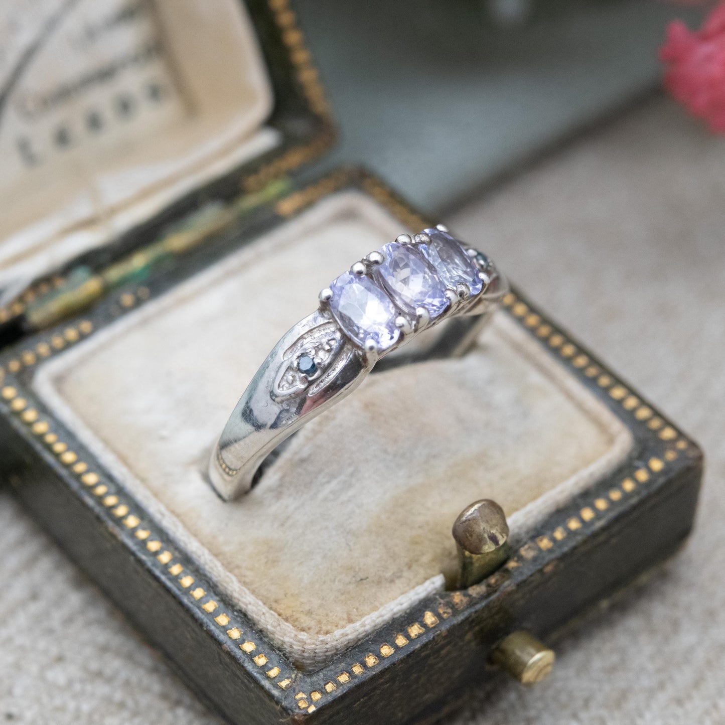 TGGC Sterling Silver 3 Stone Ring with Blue Side Stones - Amethyst Gemstone | Romantic Gift for Her | UK Size - N | US Size - 6 3/4