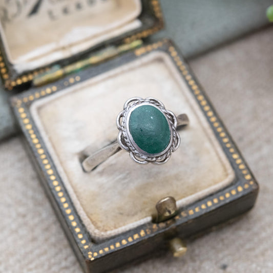 Vintage Sterling Silver Malachite Solitaire Ring - Mid-Century Green Gemstone Ring | UK Size - O | US Size - 7 1/4