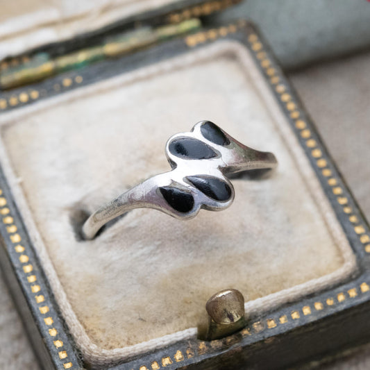Vintage Sterling Silver Black Onyx Ring with Bypass Swirl Design - Modernist Black Gemstone Unisex Jewellery | UK Size - L 1/2 | US Size - 6