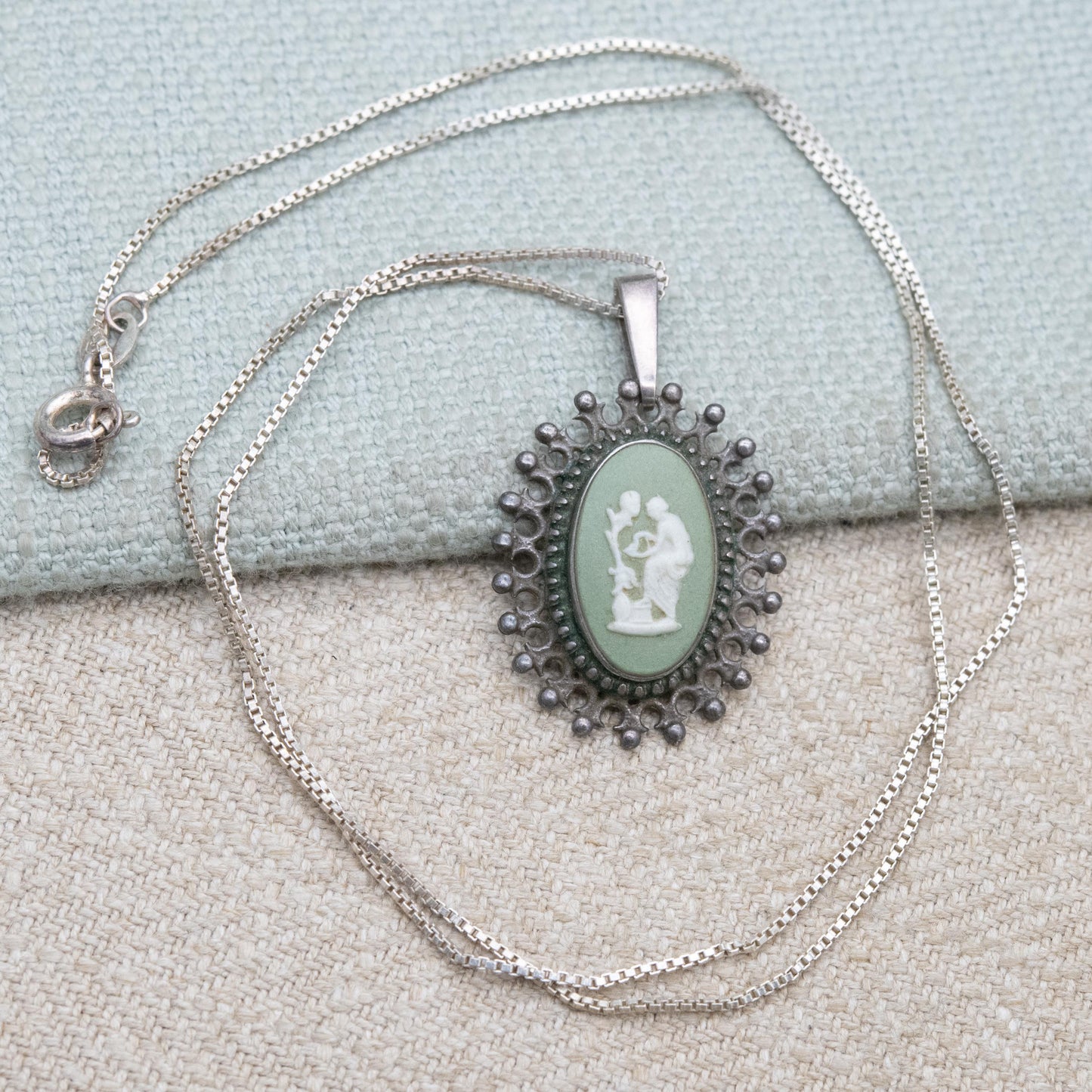 Vintage Wedgwood Sterling Silver Medea Green Jasperware Pendant Necklace - Oval Classical Cameo