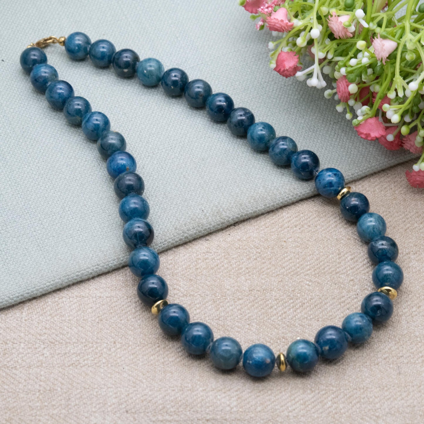 Vintage 9ct Gold Gemstone Necklace with Blue Beads and Gold Spacers - 12mm Beads | 18"