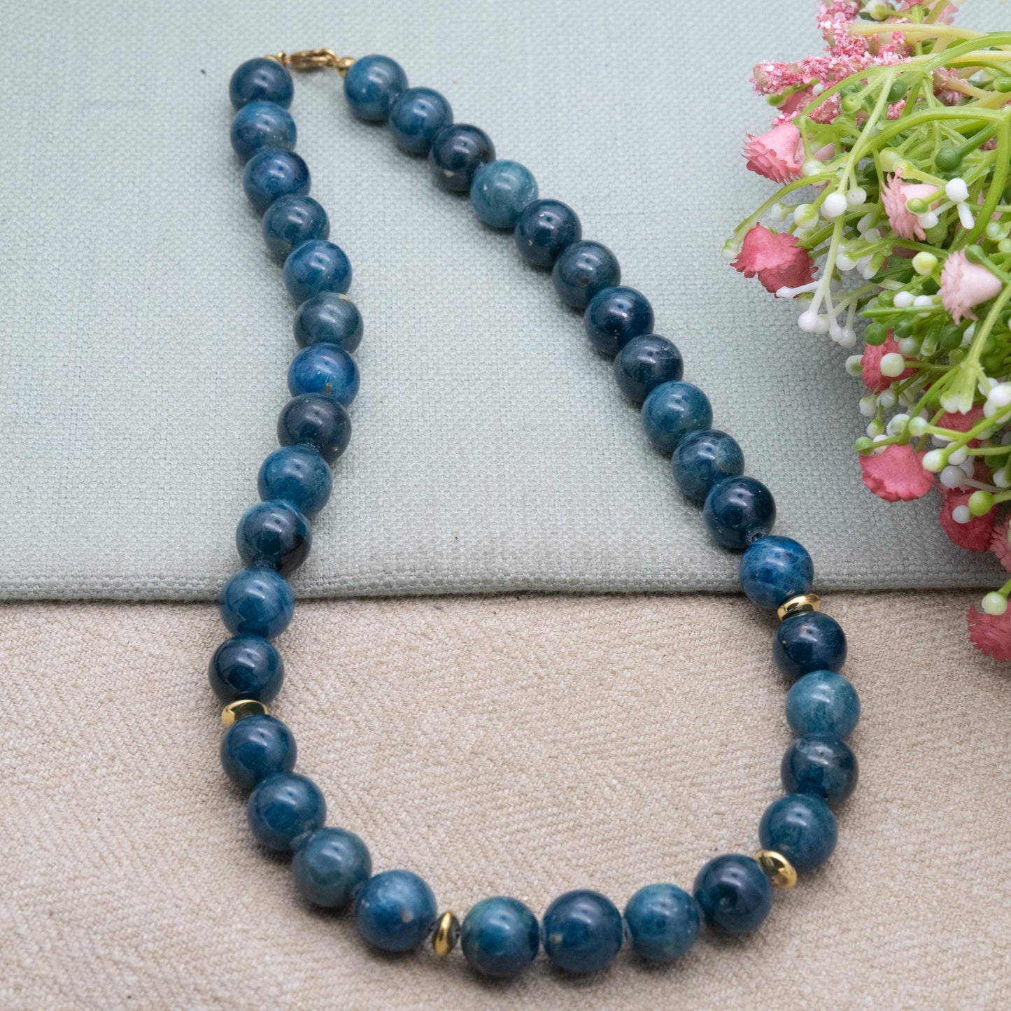Vintage 9ct Gold Gemstone Necklace with Blue Beads and Gold Spacers - 12mm Beads | 18"