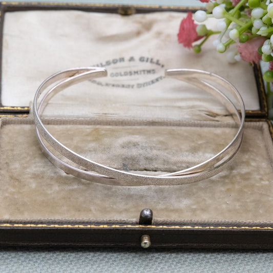 Sterling Silver Open Cuff Bangle - Textured Cross Design | Jewellery Gift for Her
