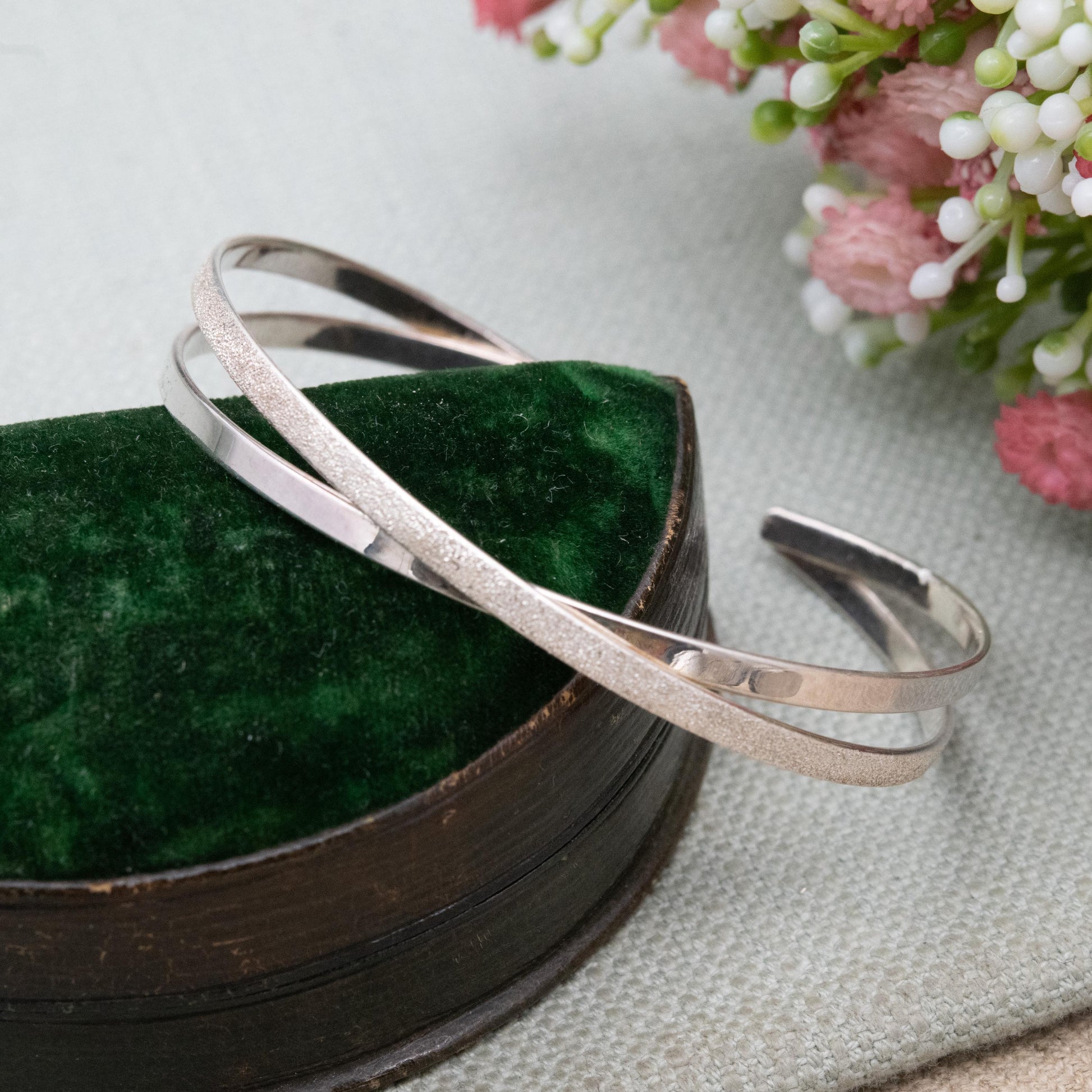 Sterling Silver Open Cuff Bangle - Textured Cross Design | Jewellery Gift for Her