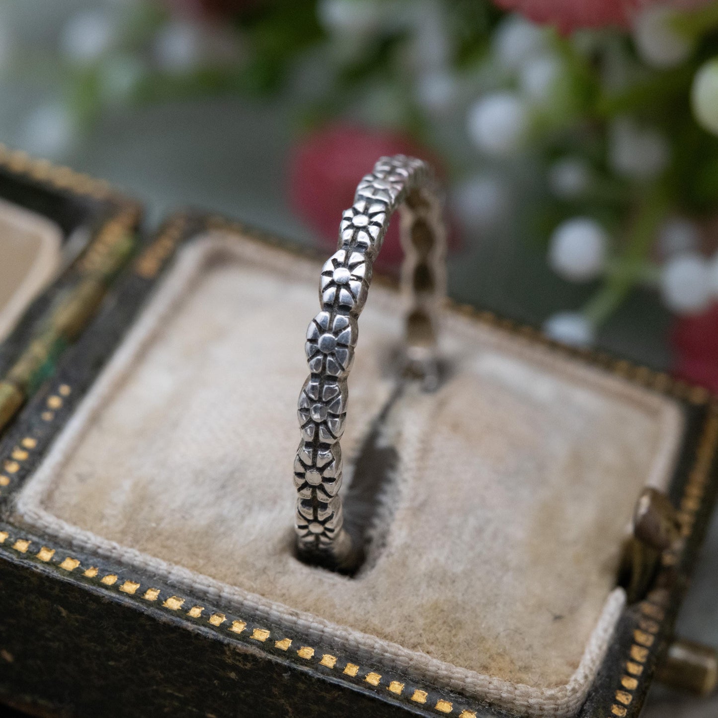 Sterling Silver Flower Band Ring - Floral Form Half Eternity | Everyday Silver | Unisex Jewellery | UK Size - P 1/2 | US Size - 7 3/4