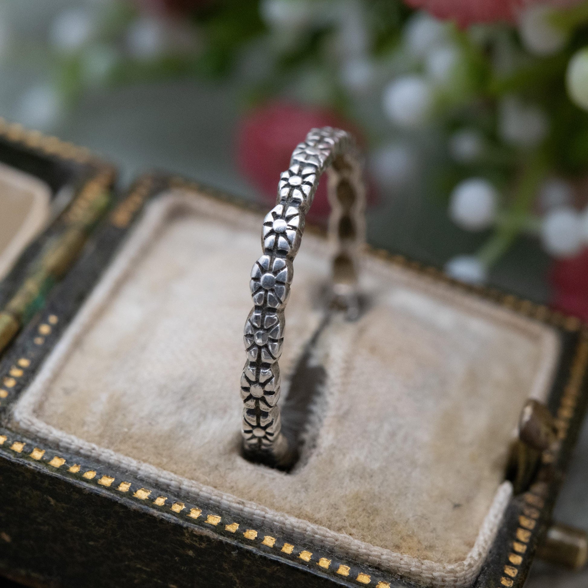 Sterling Silver Flower Band Ring - Floral Form Half Eternity | Everyday Silver | Unisex Jewellery | UK Size - P 1/2 | US Size - 7 3/4