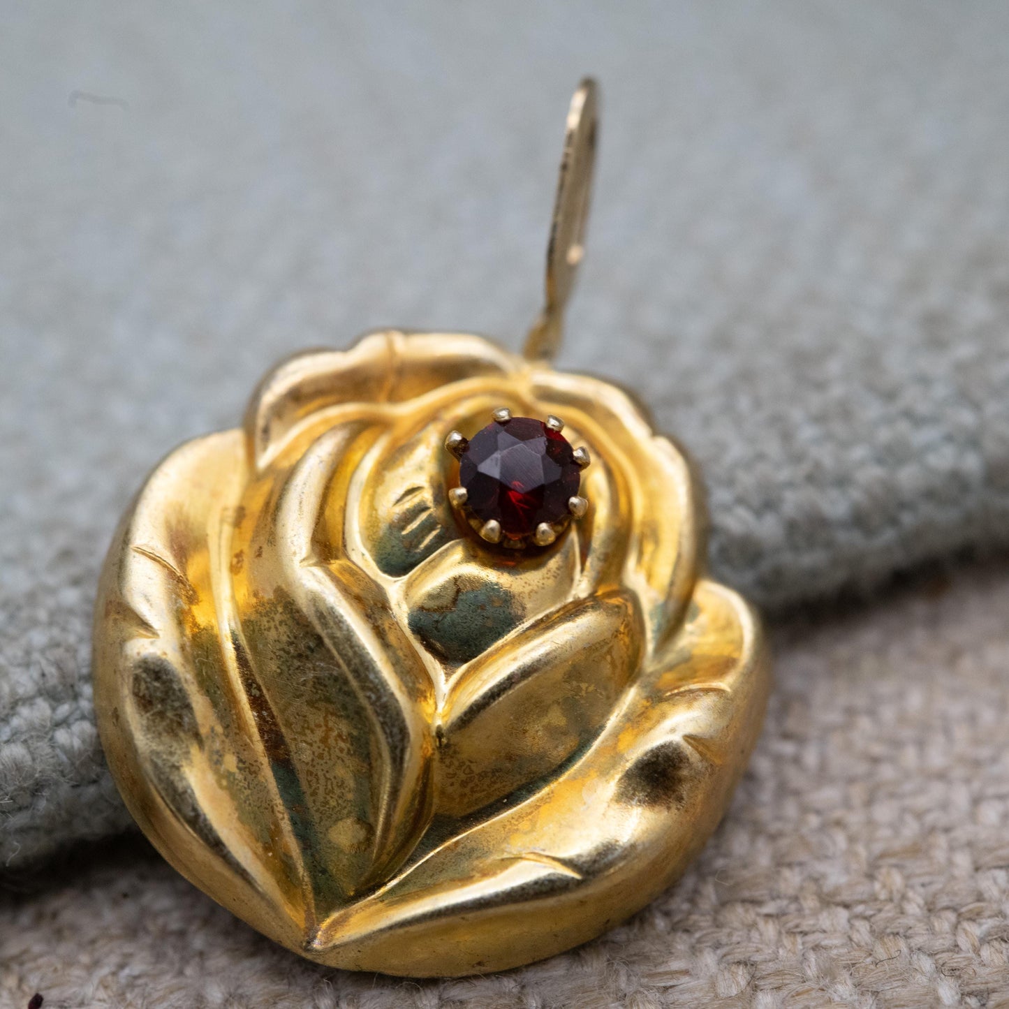 Vintage Sterling Silver Gold Plated Rose Flower Garnet Pendant - Pretty Textured Flower Jewellery | Gift for Pendant Necklace