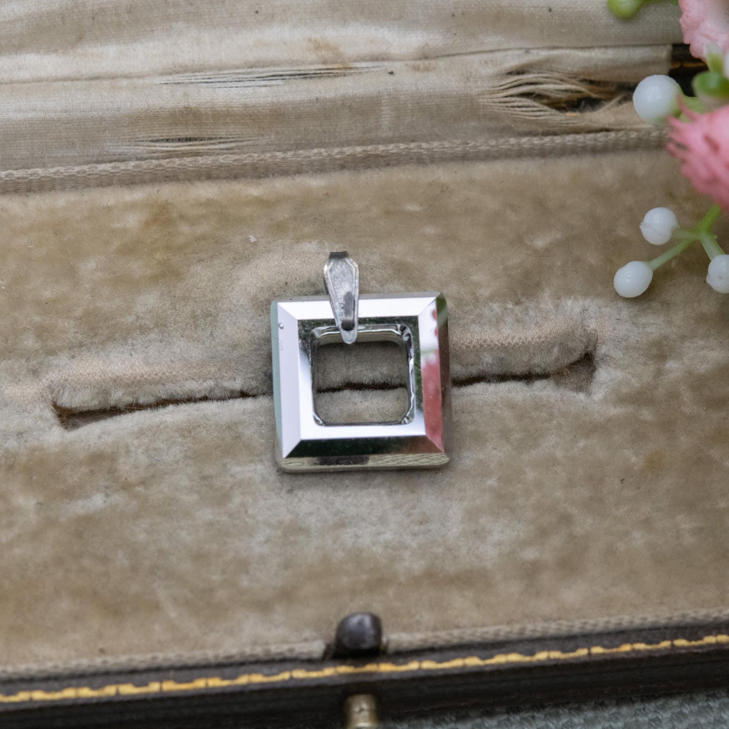 Vintage Sterling Silver Foiled Glass Open Square Pendant - Small Shape Minimalist Pendant for Necklace | Gift for Her