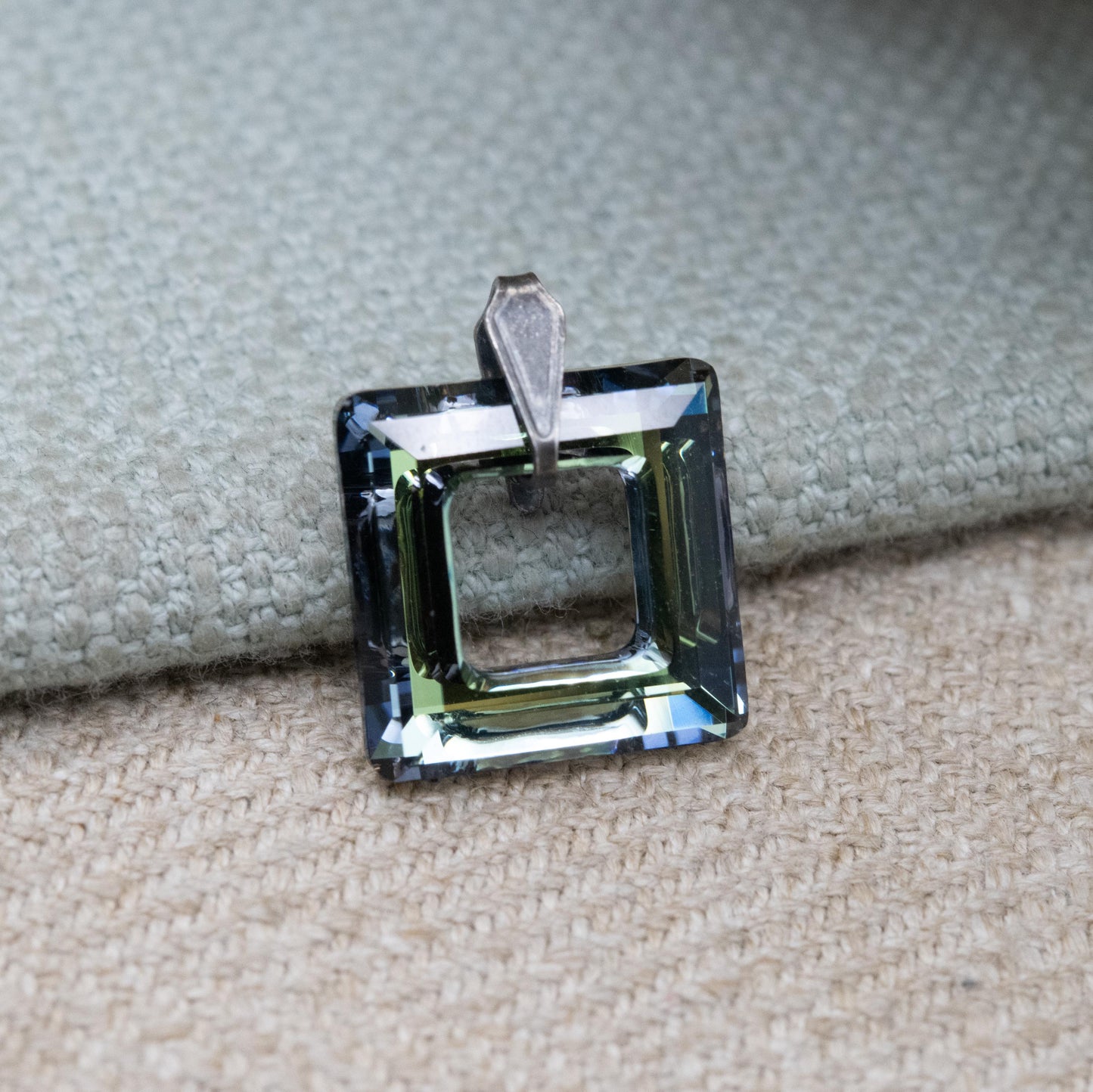 Vintage Sterling Silver Foiled Glass Open Square Pendant - Small Shape Minimalist Pendant for Necklace | Gift for Her