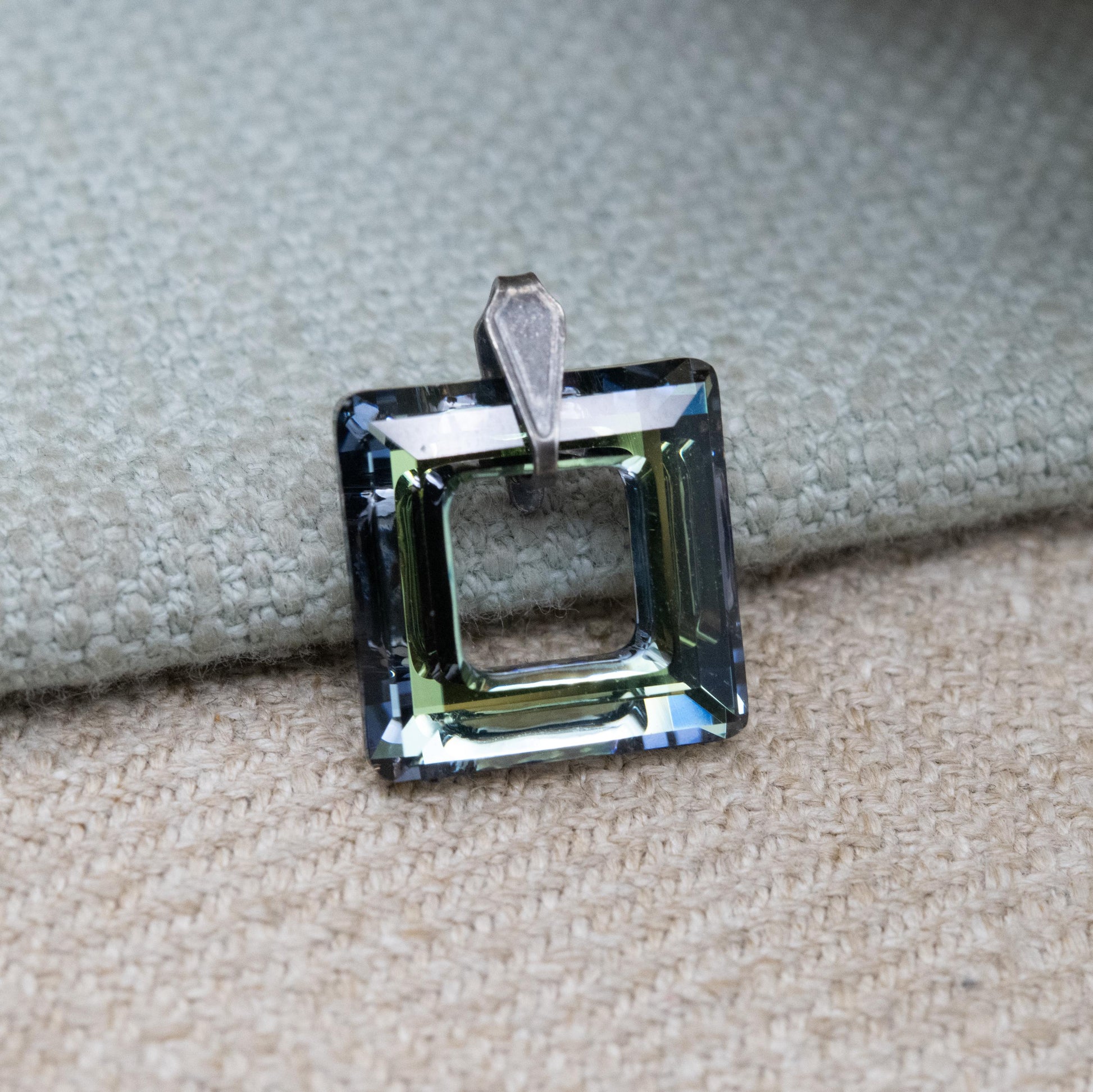 Vintage Sterling Silver Foiled Glass Open Square Pendant - Small Shape Minimalist Pendant for Necklace | Gift for Her