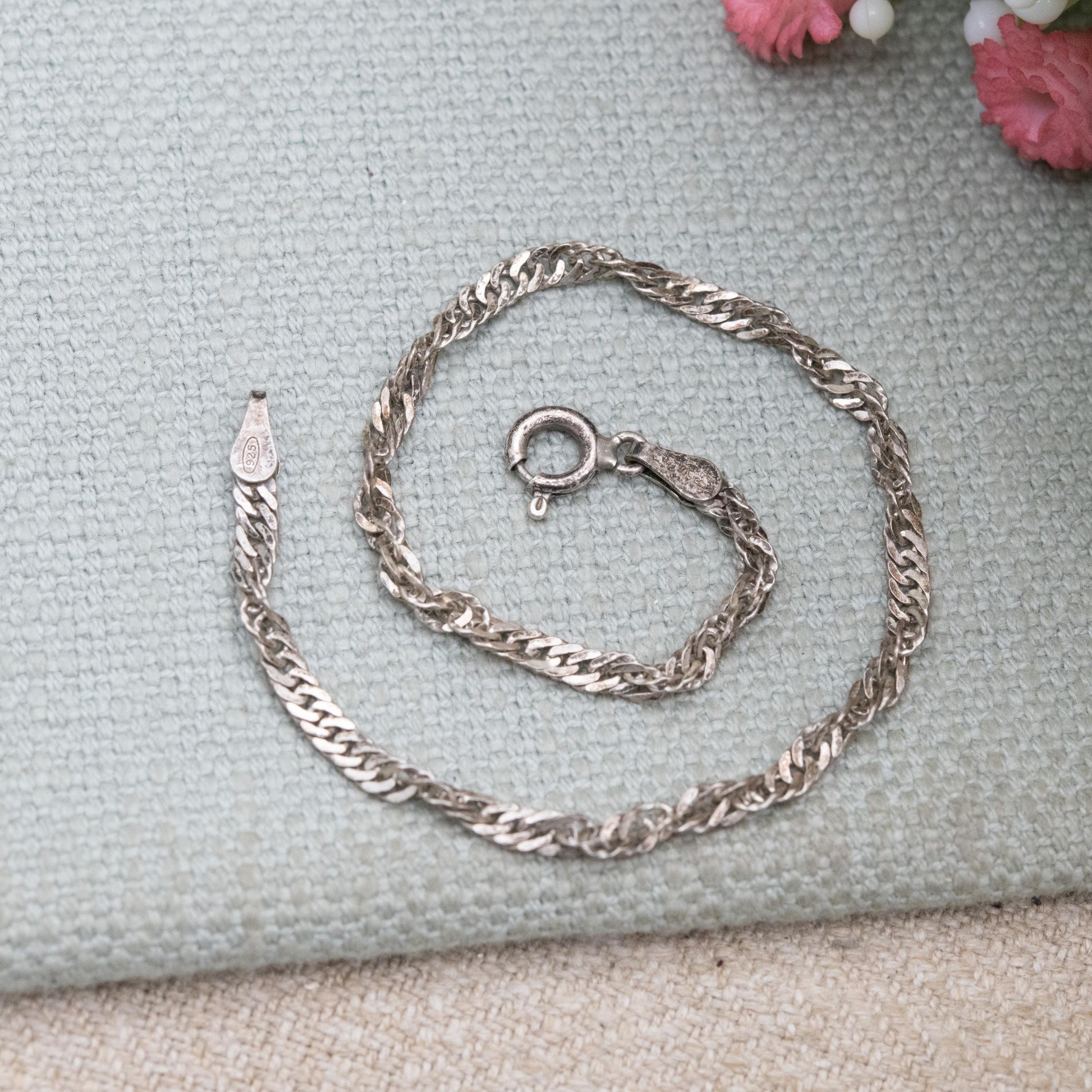 Vintage Italian Sterling Silver Twisted Flat Curb Link Chain Bracelet - Unisex Gift