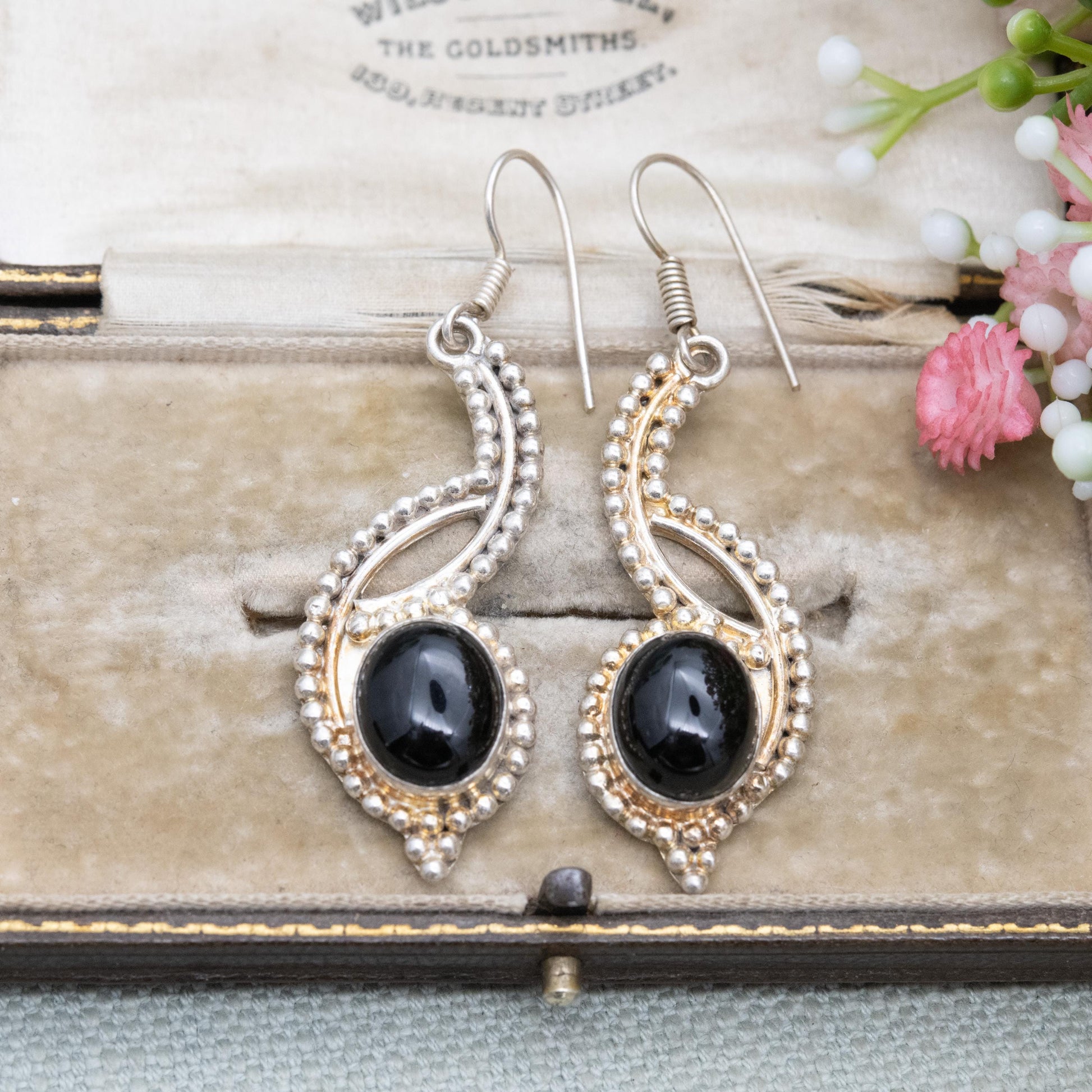 Vintage Sterling Silver Onyx Dangle Earrings - Beaded Circles Design | Black Cabochon Gemstones | Gift for Her