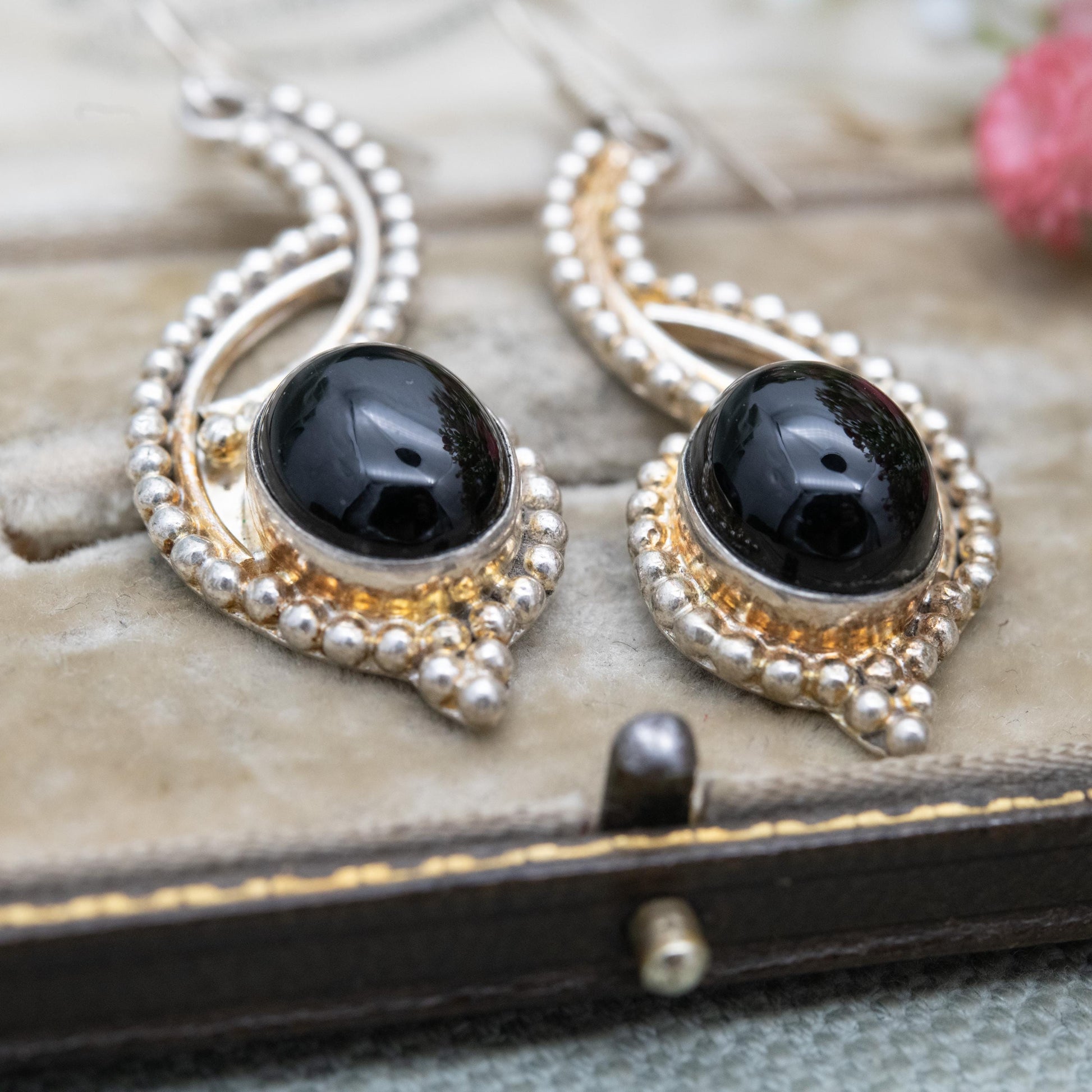 Vintage Sterling Silver Onyx Dangle Earrings - Beaded Circles Design | Black Cabochon Gemstones | Gift for Her