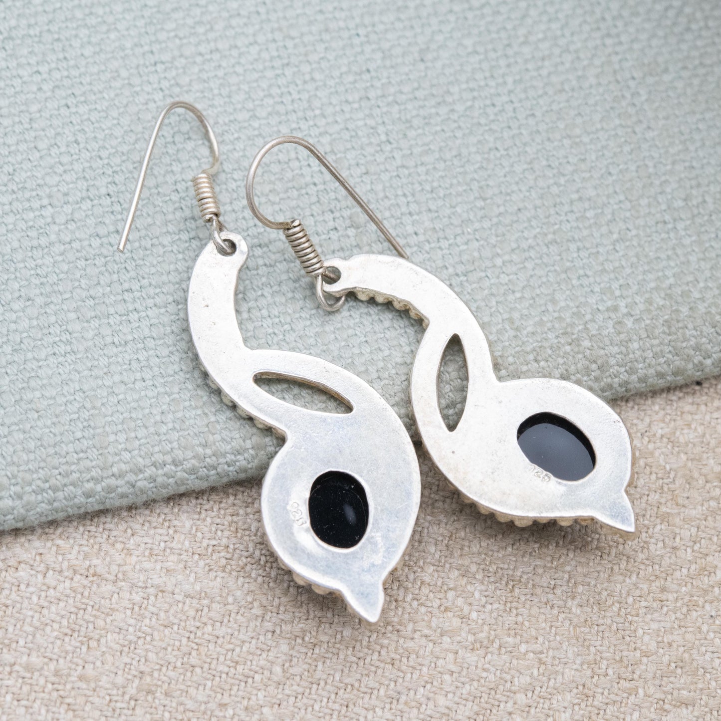 Vintage Sterling Silver Onyx Dangle Earrings - Beaded Circles Design | Black Cabochon Gemstones | Gift for Her