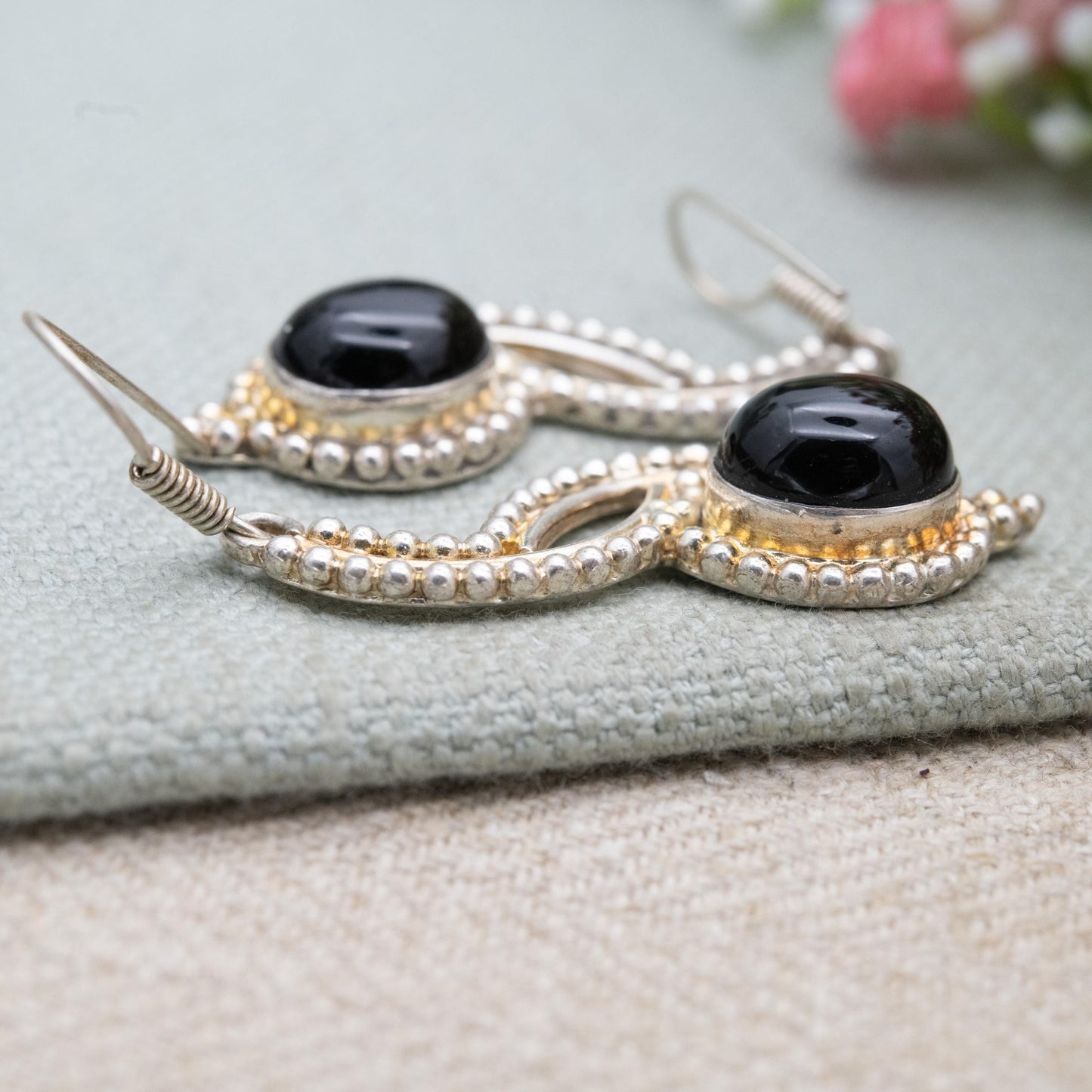 Vintage Sterling Silver Onyx Dangle Earrings - Beaded Circles Design | Black Cabochon Gemstones | Gift for Her