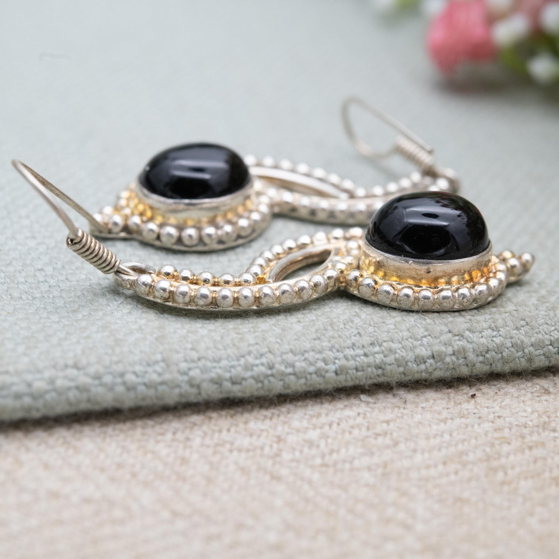 Vintage Sterling Silver Onyx Dangle Earrings - Beaded Circles Design | Black Cabochon Gemstones | Gift for Her