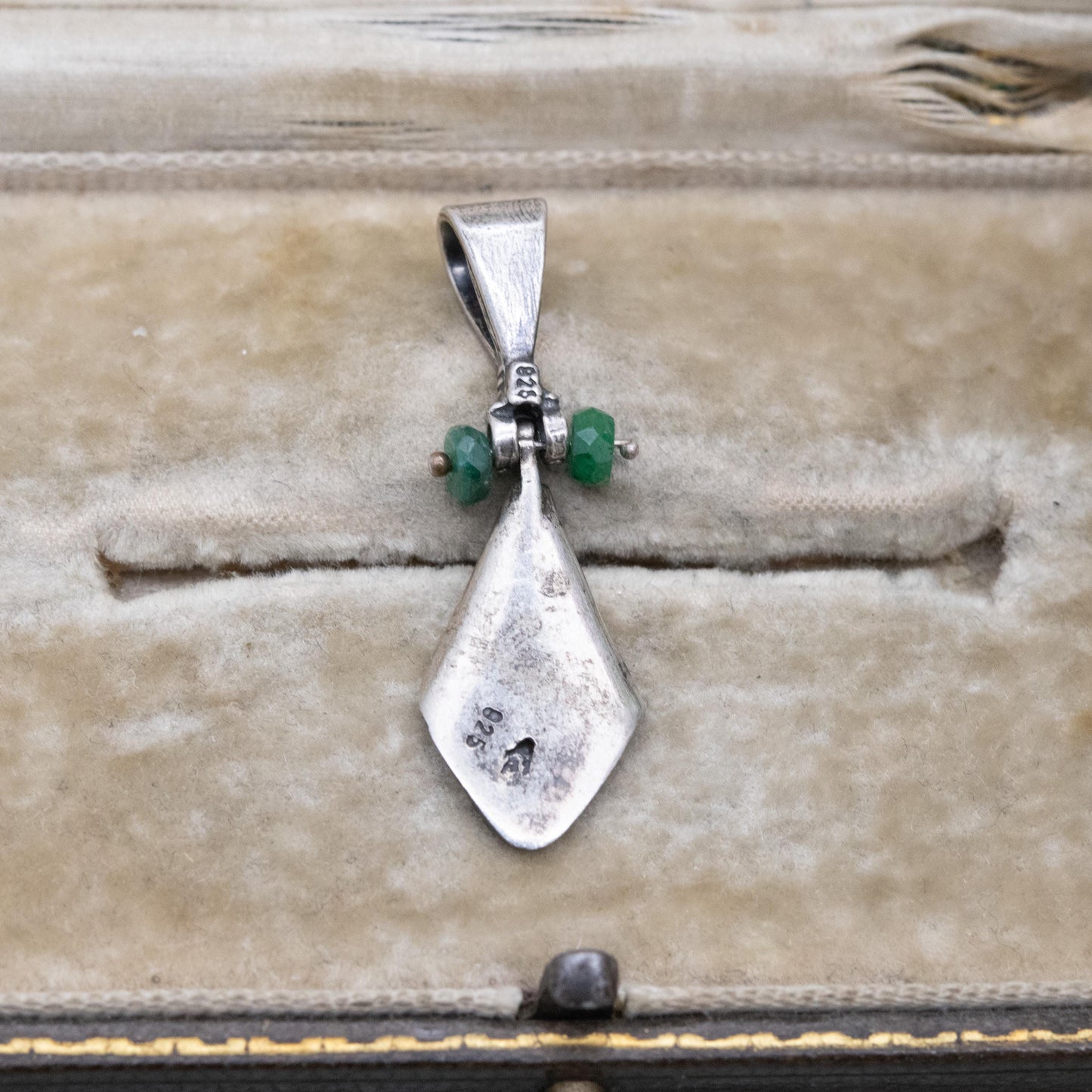 Vintage Sterling Silver Green Stone Pendant with Articulated Drop