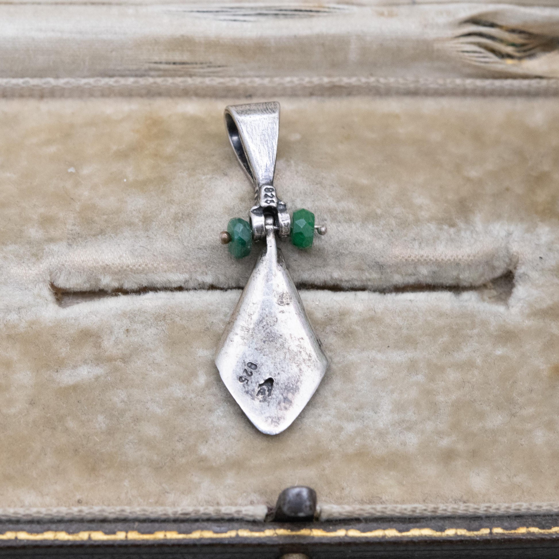 Vintage Sterling Silver Green Stone Pendant with Articulated Drop