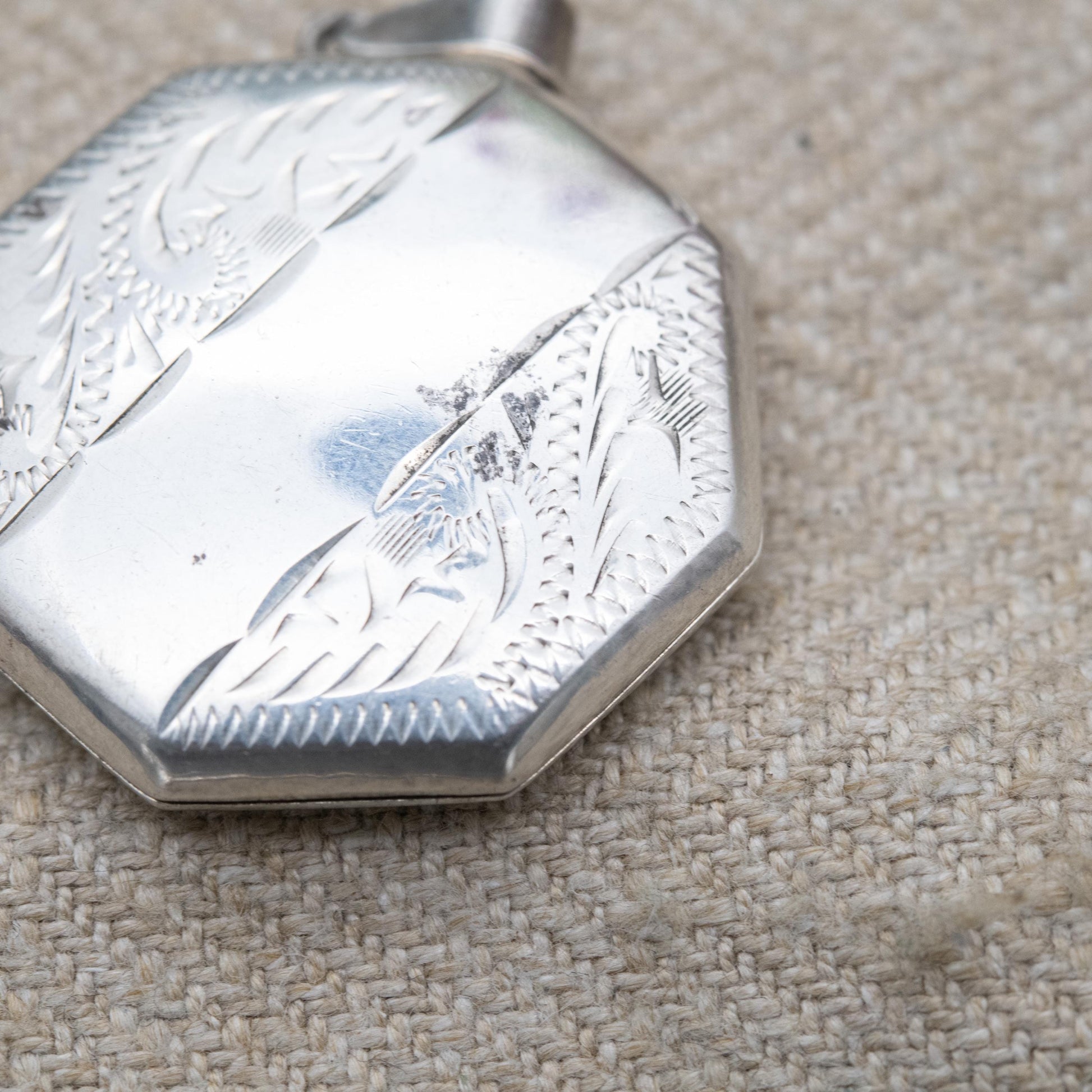 Vintage Sterling Silver Octagonal Locket Pendant with Engraved Scrolling