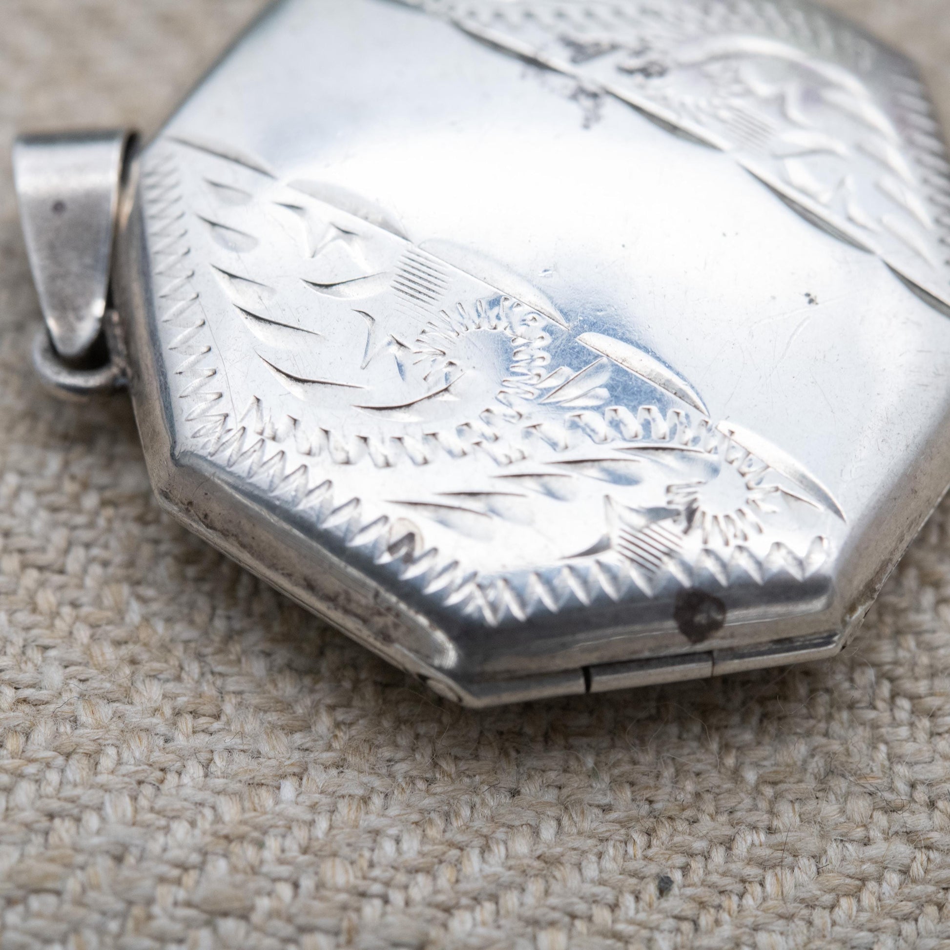 Vintage Sterling Silver Octagonal Locket Pendant with Engraved Scrolling
