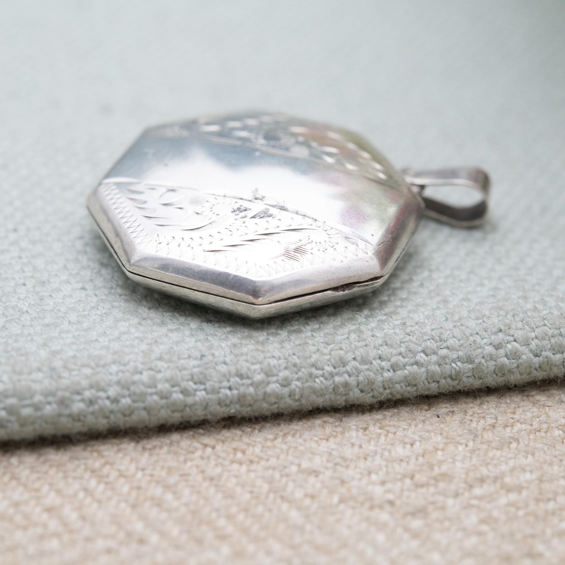 Vintage Sterling Silver Octagonal Locket Pendant with Engraved Scrolling