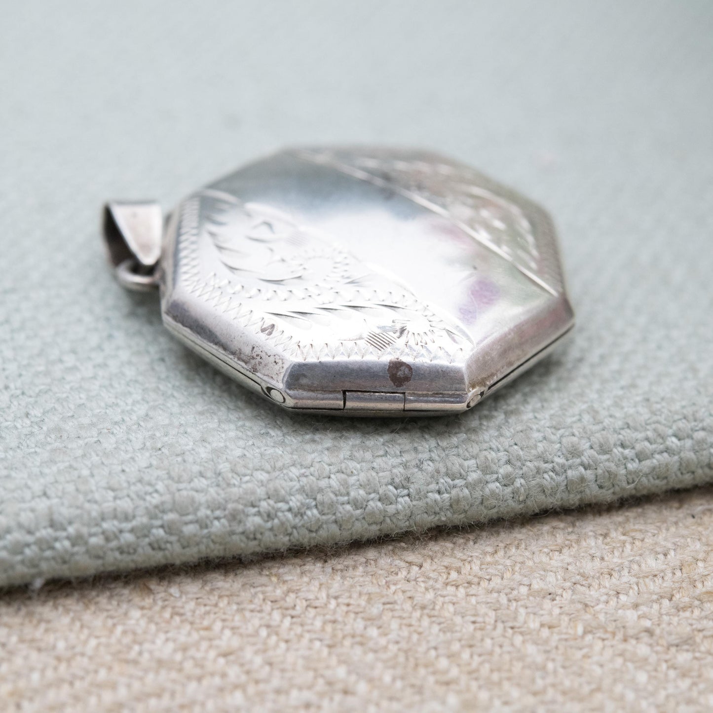 Vintage Sterling Silver Octagonal Locket Pendant with Engraved Scrolling