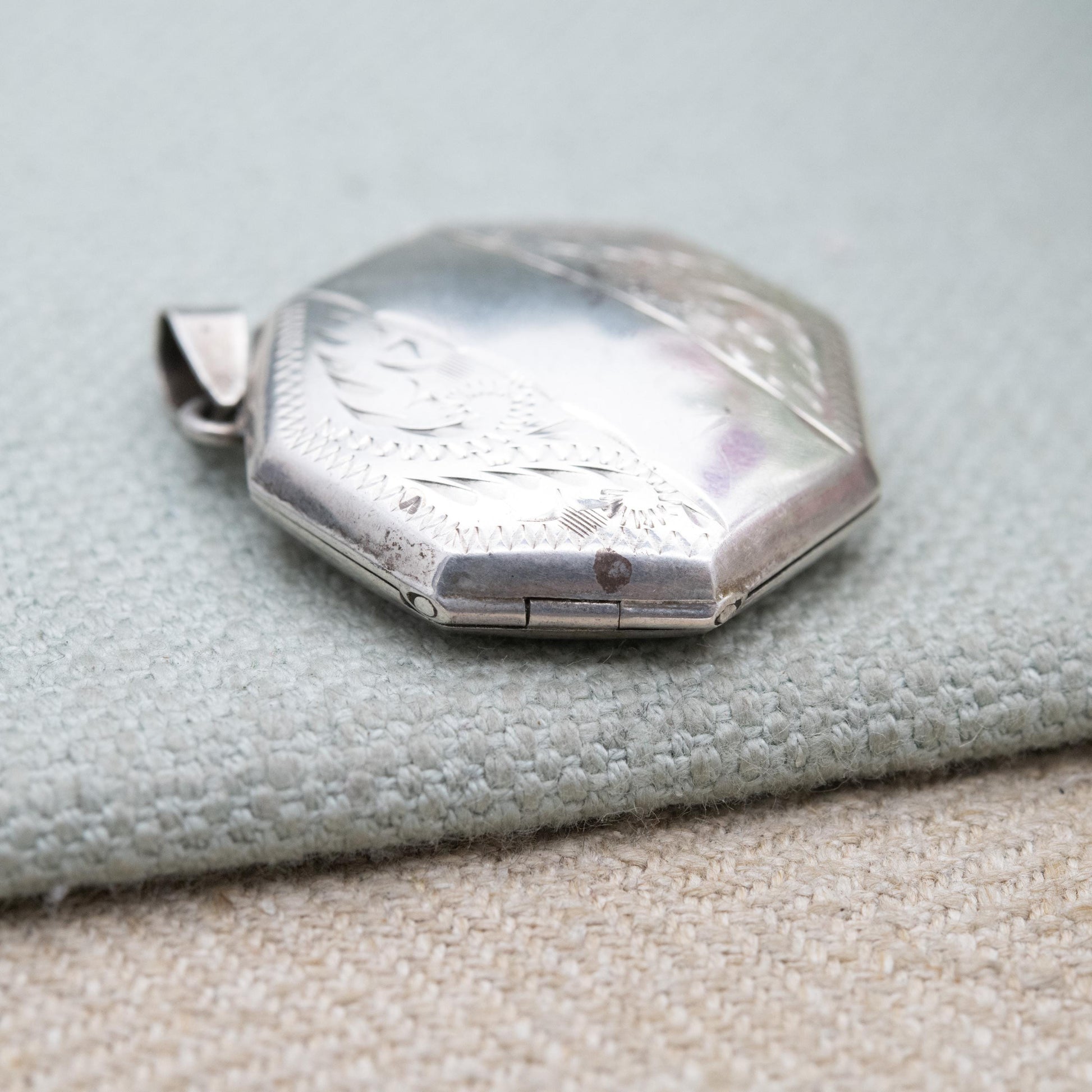 Vintage Sterling Silver Octagonal Locket Pendant with Engraved Scrolling
