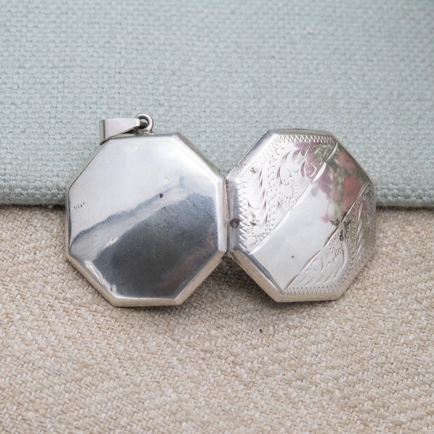 Vintage Sterling Silver Octagonal Locket Pendant with Engraved Scrolling