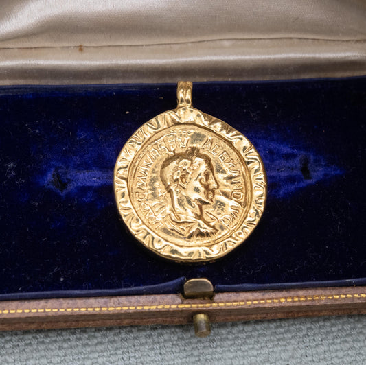 British Museum Replica Ancient Roman Coin Pendant - Emperor Severus Alexander Gold Tone Reproduction | Signed BMPL