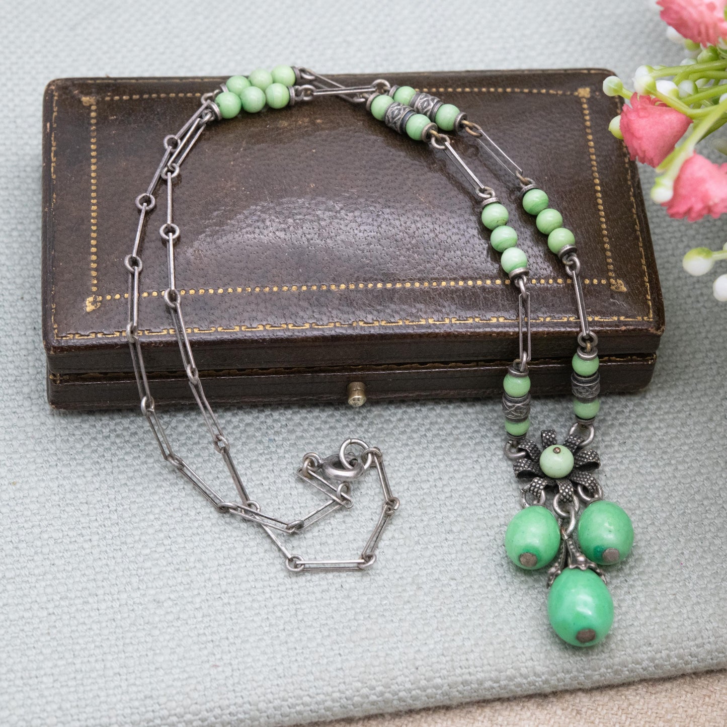 Antique Louis Rousselet Green Peking Glass Drop Necklace c. 1930s Art Deco Era