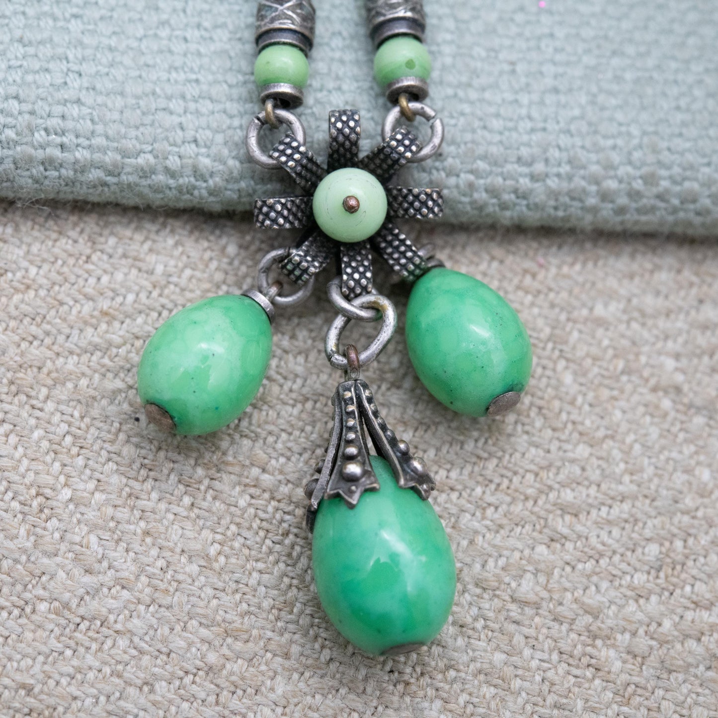 Antique Louis Rousselet Green Peking Glass Drop Necklace c. 1930s Art Deco Era