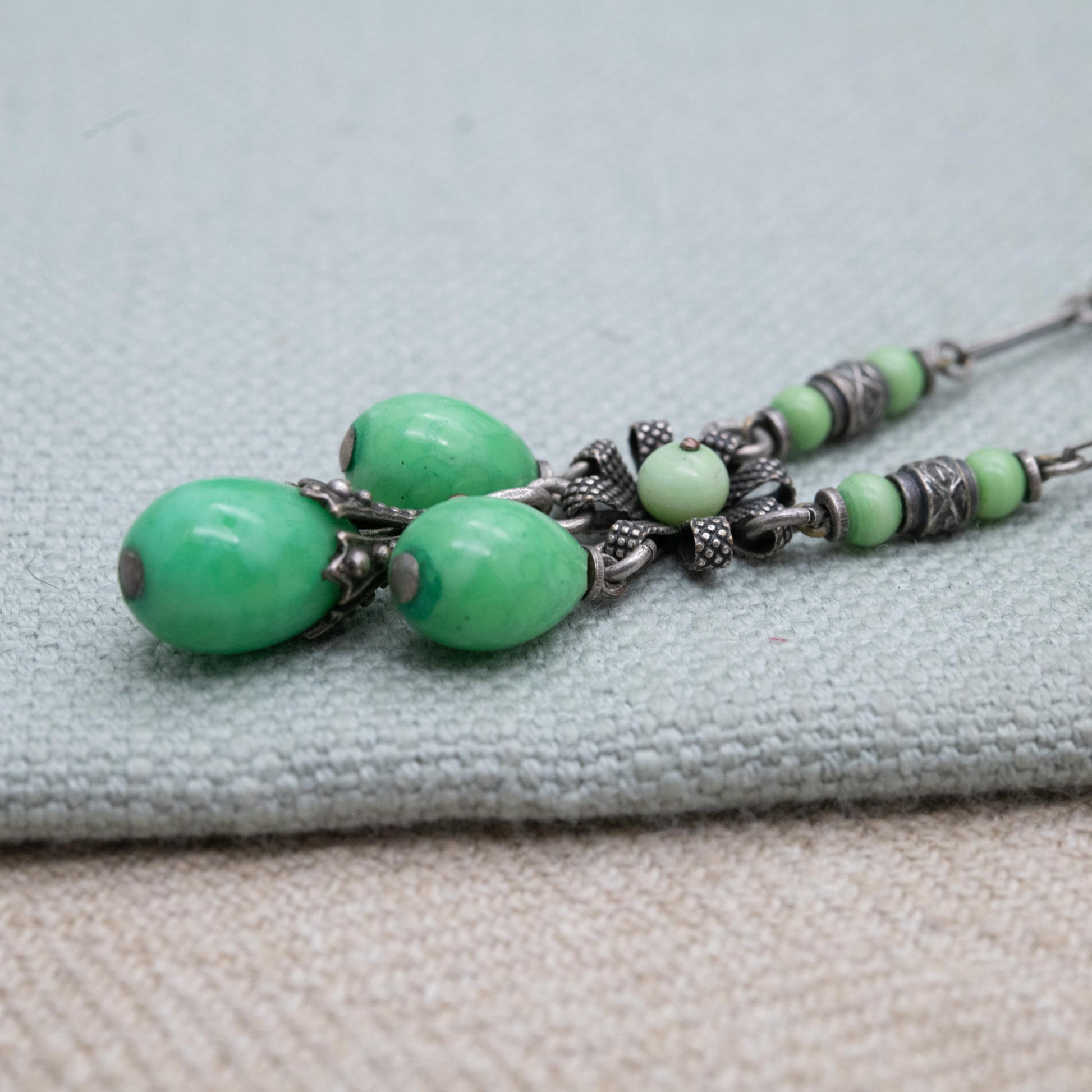 Antique Louis Rousselet Green Peking Glass Drop Necklace c. 1930s Art Deco Era