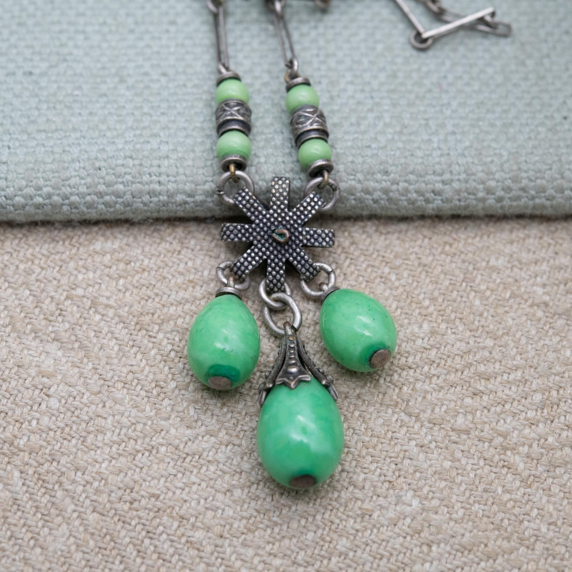 Antique Louis Rousselet Green Peking Glass Drop Necklace c. 1930s Art Deco Era