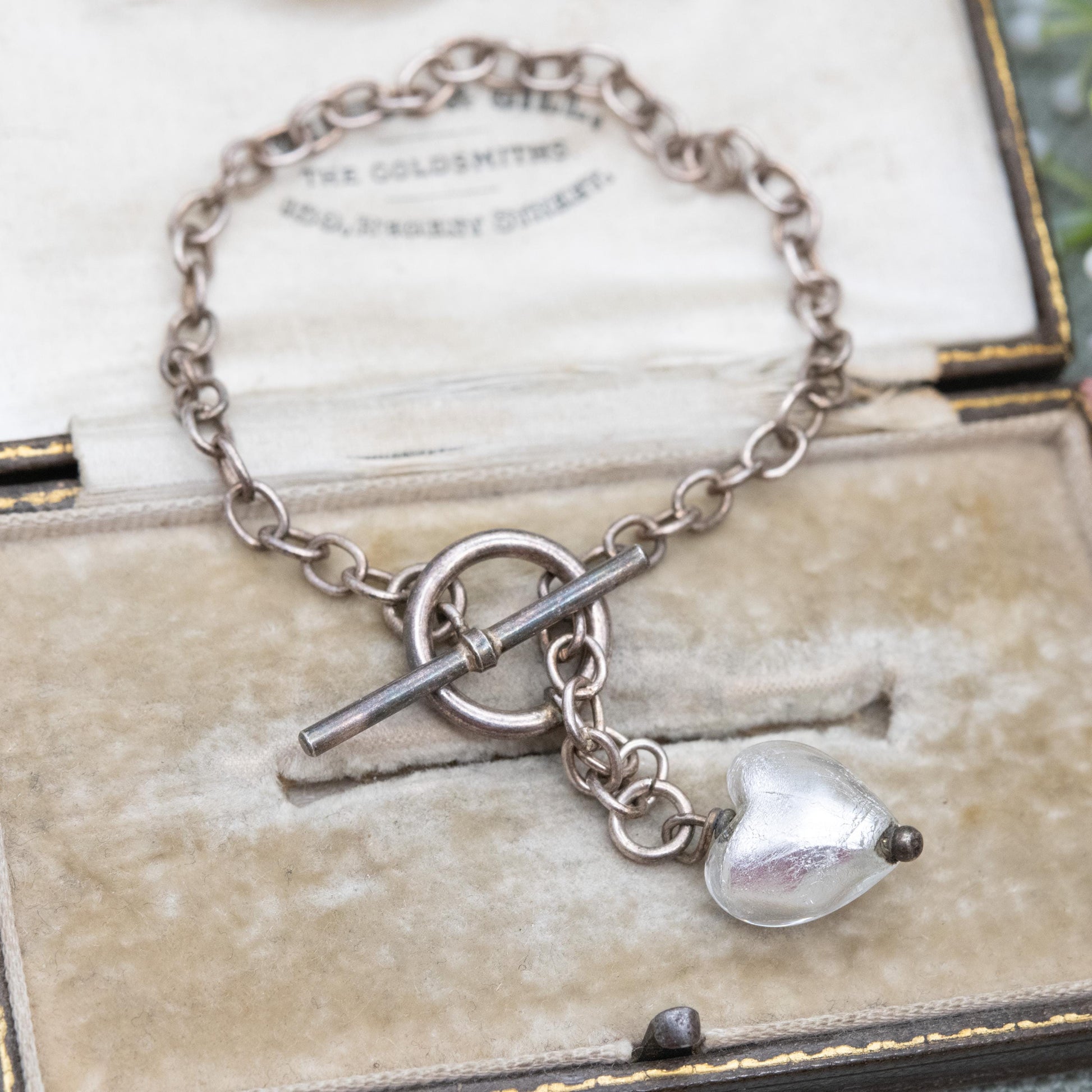 Sterling Silver Foil Glass Love Heart Pendant and Chain Link Bracelet - Romantic Gift for Her