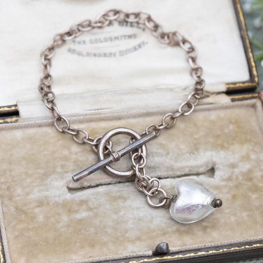 Sterling Silver Foil Glass Love Heart Pendant and Chain Link Bracelet - Romantic Gift for Her