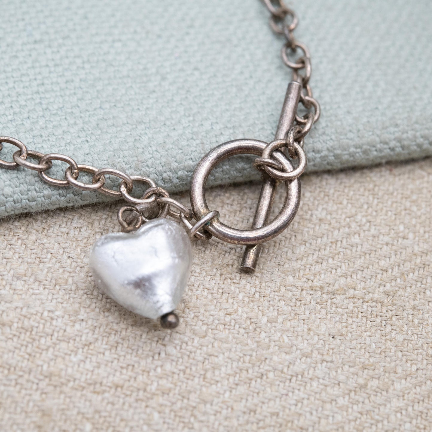 Sterling Silver Foil Glass Love Heart Pendant and Chain Link Bracelet - Romantic Gift for Her