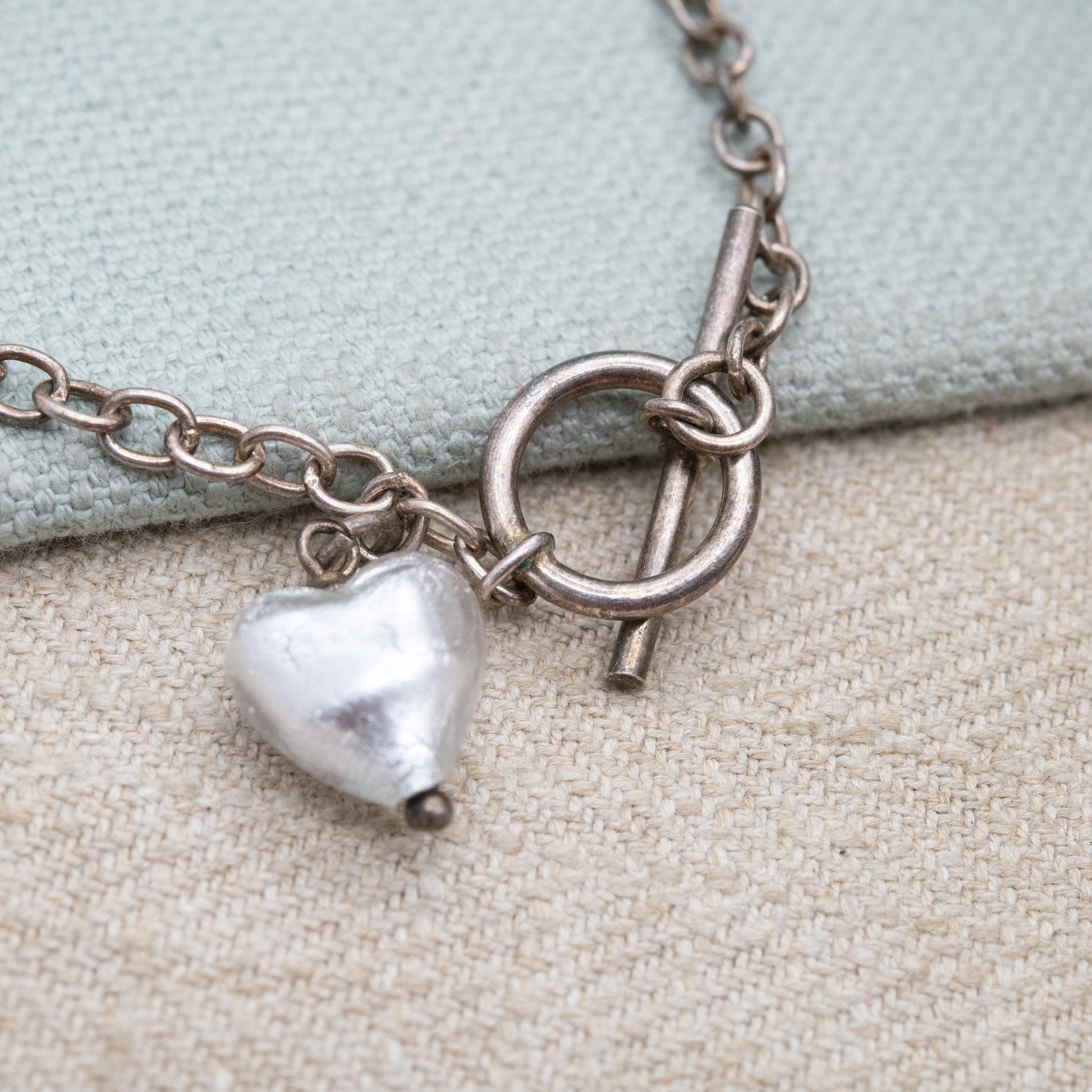 Sterling Silver Foil Glass Love Heart Pendant and Chain Link Bracelet - Romantic Gift for Her