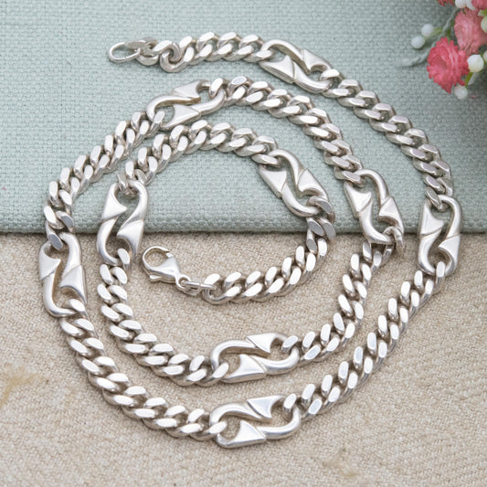 Chunky Sterling Silver Flat Curb Link Chain Necklace with Razor Spacers - Large Unisex Heavy Silver Necklace | Men's Chain | 22" Length