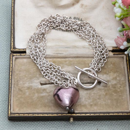 Sterling Silver and Foiled Glass Love Heart Multi Strand Bracelet - Toggle Clasp | Romantic Gift for Her