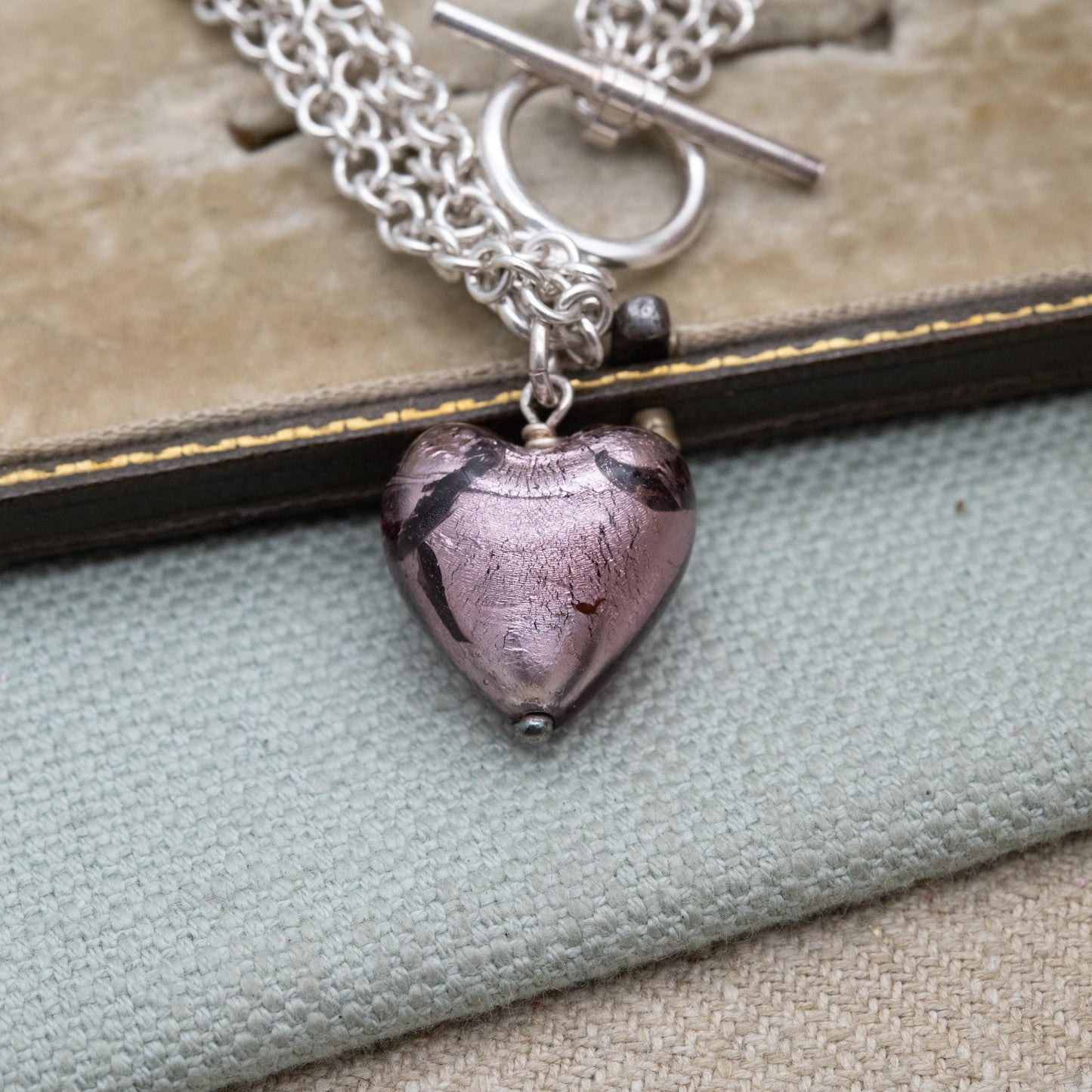 Sterling Silver and Foiled Glass Love Heart Multi Strand Bracelet - Toggle Clasp | Romantic Gift for Her