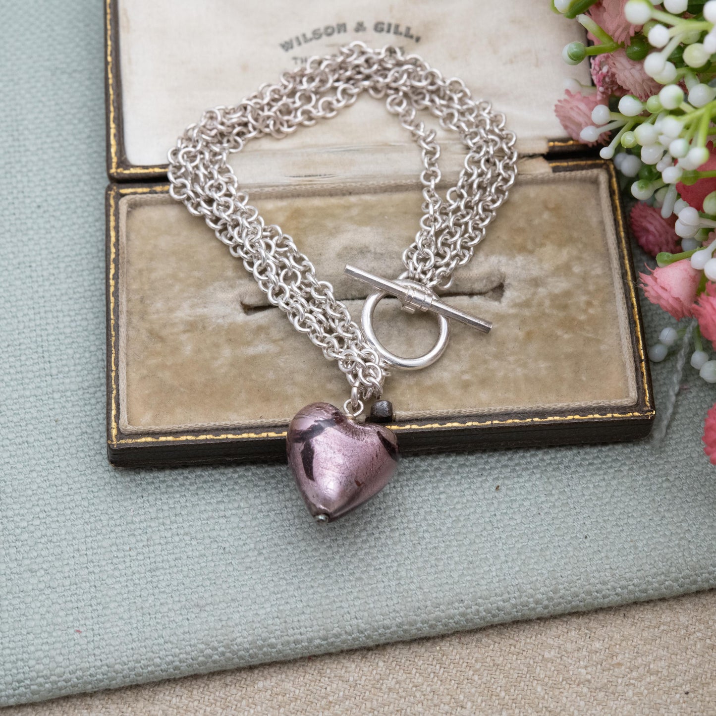 Sterling Silver and Foiled Glass Love Heart Multi Strand Bracelet - Toggle Clasp | Romantic Gift for Her