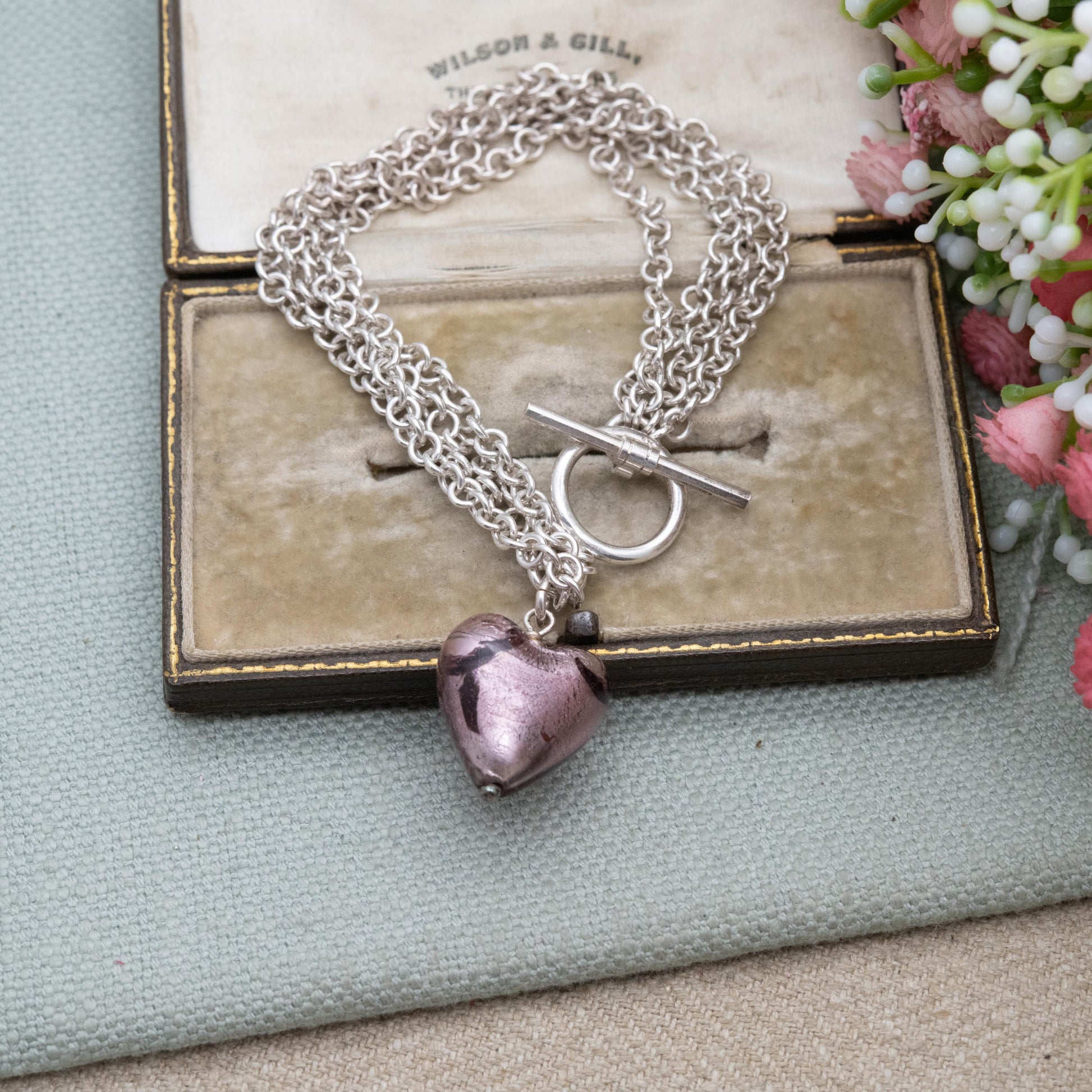 Sterling Silver and Foiled Glass Love Heart Multi Strand Bracelet - Toggle Clasp | Romantic Gift for Her